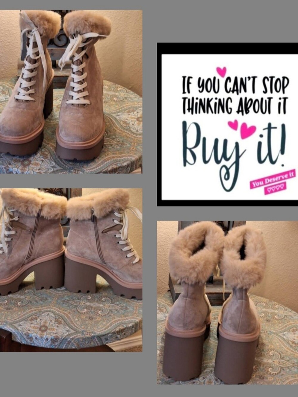 Stylish Beige Lace-Up Ankle Boots with Fur Trim. NWOB Size 10 Wide
